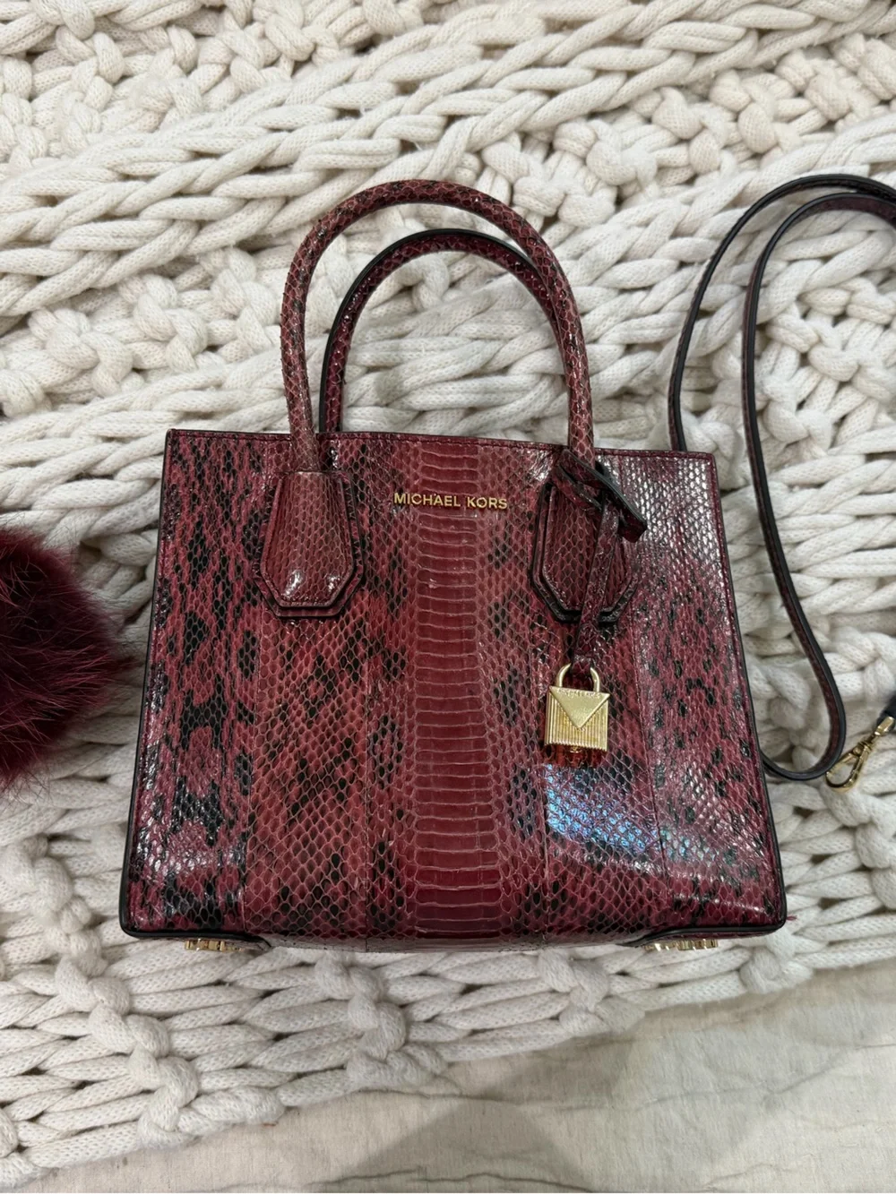 Michael Kors Deep Burgundy Snake-Embossed Satchel with Pom Pom
